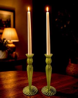 Handblown Green Optic Glass Candlestick Holders Pair Retro Style 9” - Thumbnail 2
