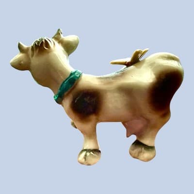 Vintage 1950s Japan Ceramic Cow Figurine w/ Butterfly Gold Bell Collar - Thumbnail 4
