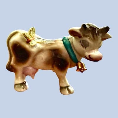 Vintage 1950s Japan Ceramic Cow Figurine w/ Butterfly Gold Bell Collar - Thumbnail 6