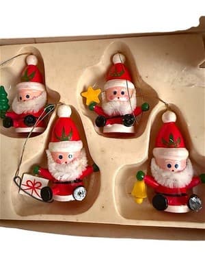 Vintage Wooden Santa Ornaments Set 4 Taiwan Handcrafted Christmas Boxed