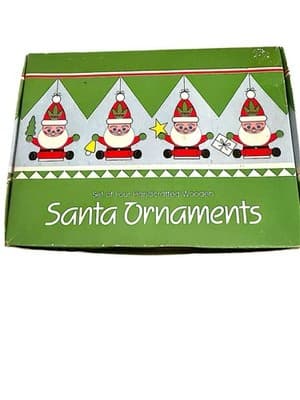 Vintage Wooden Santa Ornaments Set 4 Taiwan Handcrafted Christmas Boxed - Thumbnail 3