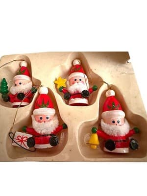 Vintage Wooden Santa Ornaments Set 4 Taiwan Handcrafted Christmas Boxed - Thumbnail 2