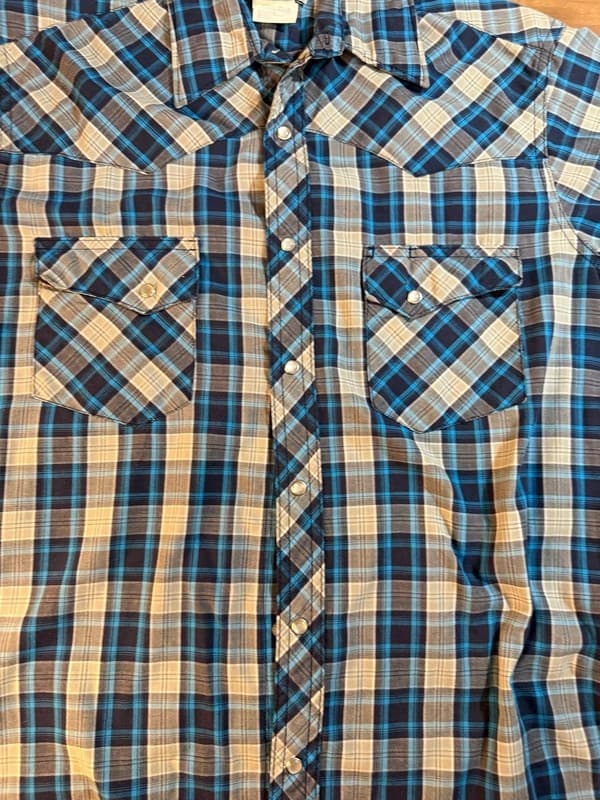Wrangler Wrancher Men's Blue Plaid Short Sleeve Pearl Snap Western Shirt M - Thumbnail 4