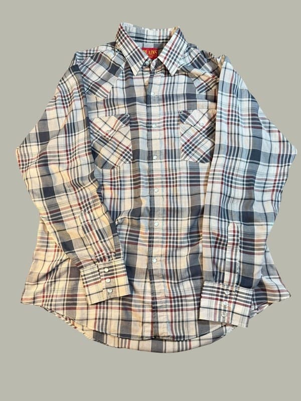 Vintage Plains Western Wear Men's Large Pearl Snap Plaid Long Sleeve Shirt