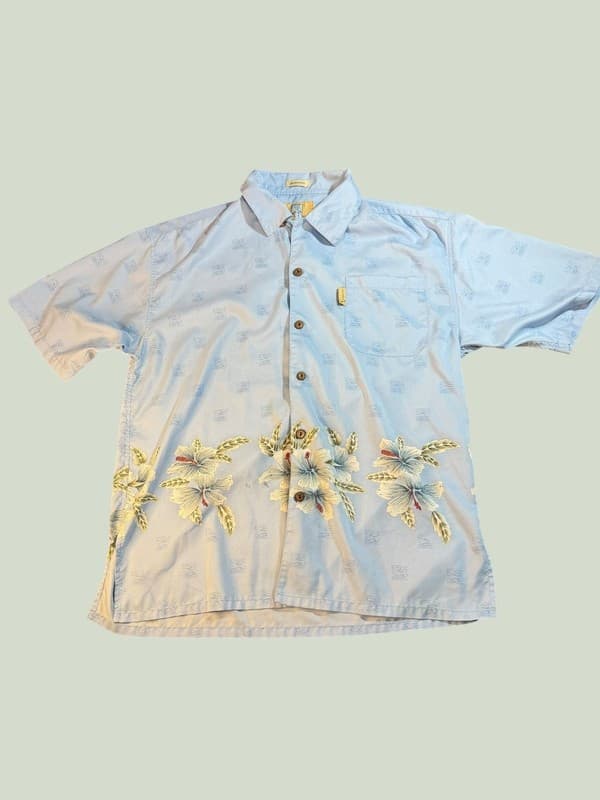 Coconut Pier Men's Blue Hawaiian Tropical Floral Button Down Shirt Size M
