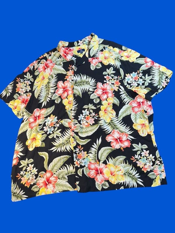 George Men's Black Tropical Hibiscus Floral Hawaiian Shirt 3XL