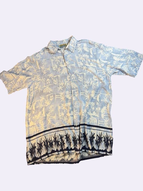 Vintage Big Creek Clothing Co. Men's XL Blue Tropical Palm Tree Hawaiian Rayon