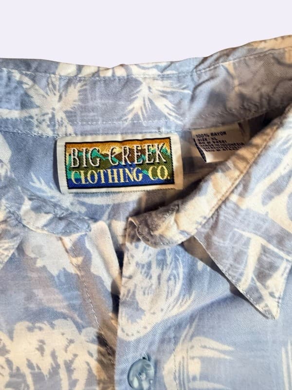 Vintage Big Creek Clothing Co. Men's XL Blue Tropical Palm Tree Hawaiian Rayon - Thumbnail 3