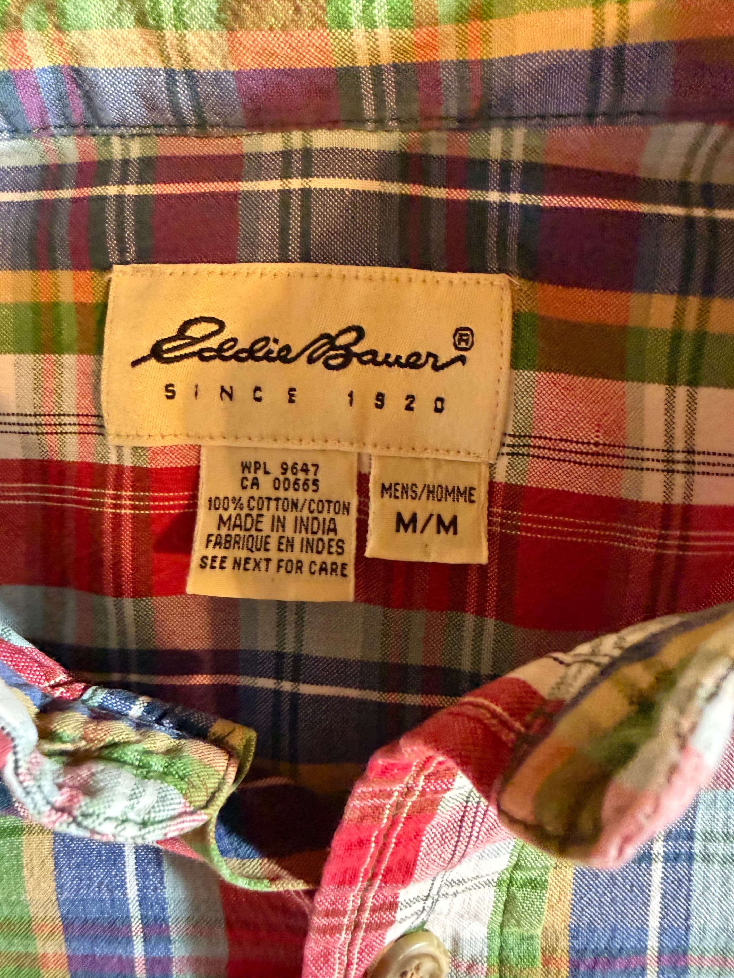 Vtg Eddie Bauer Madras Plaid SS Button Down Shirt Mens Sz M Red - Thumbnail 4
