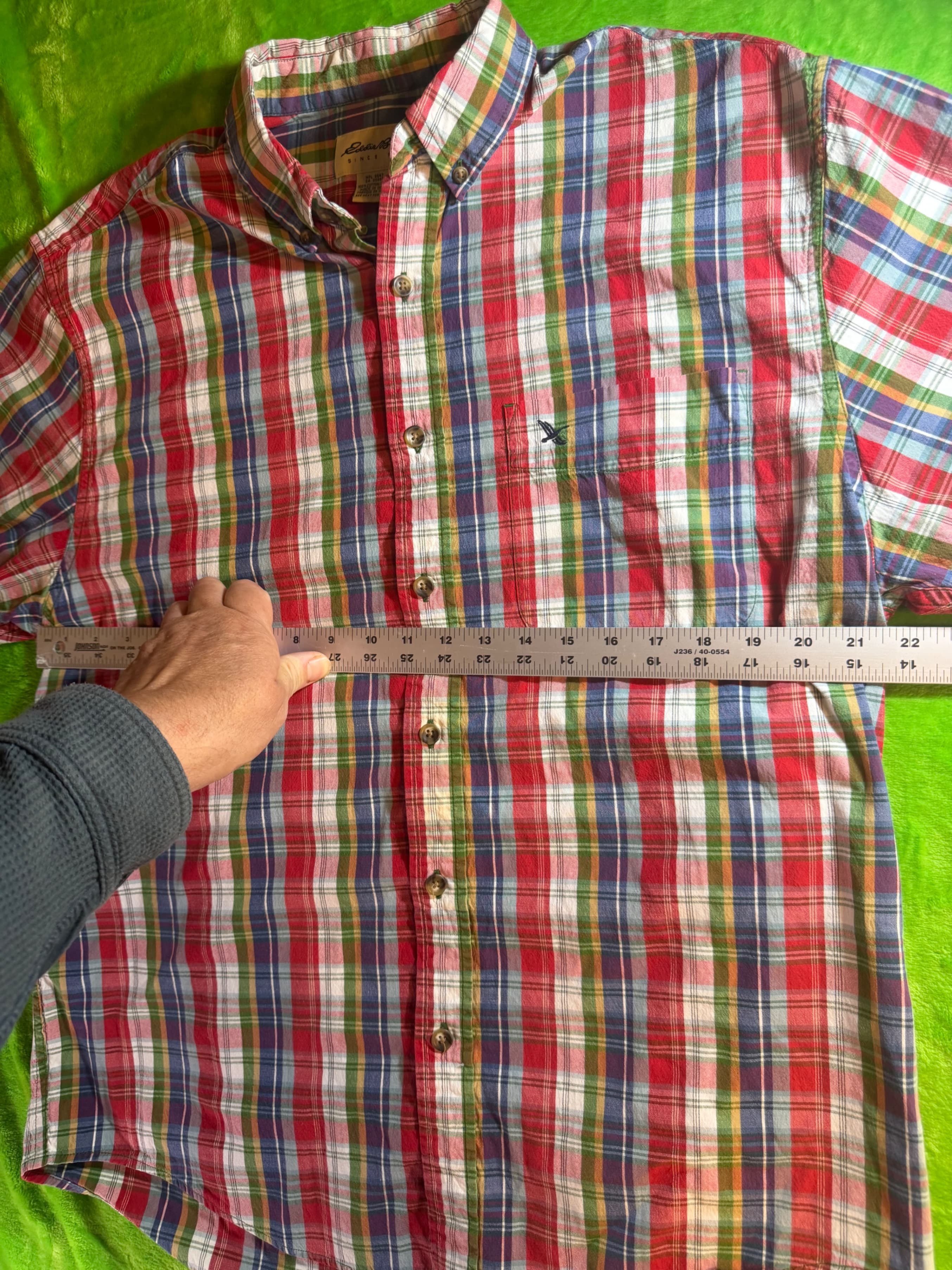 Vtg Eddie Bauer Madras Plaid SS Button Down Shirt Mens Sz M Red - Thumbnail 6