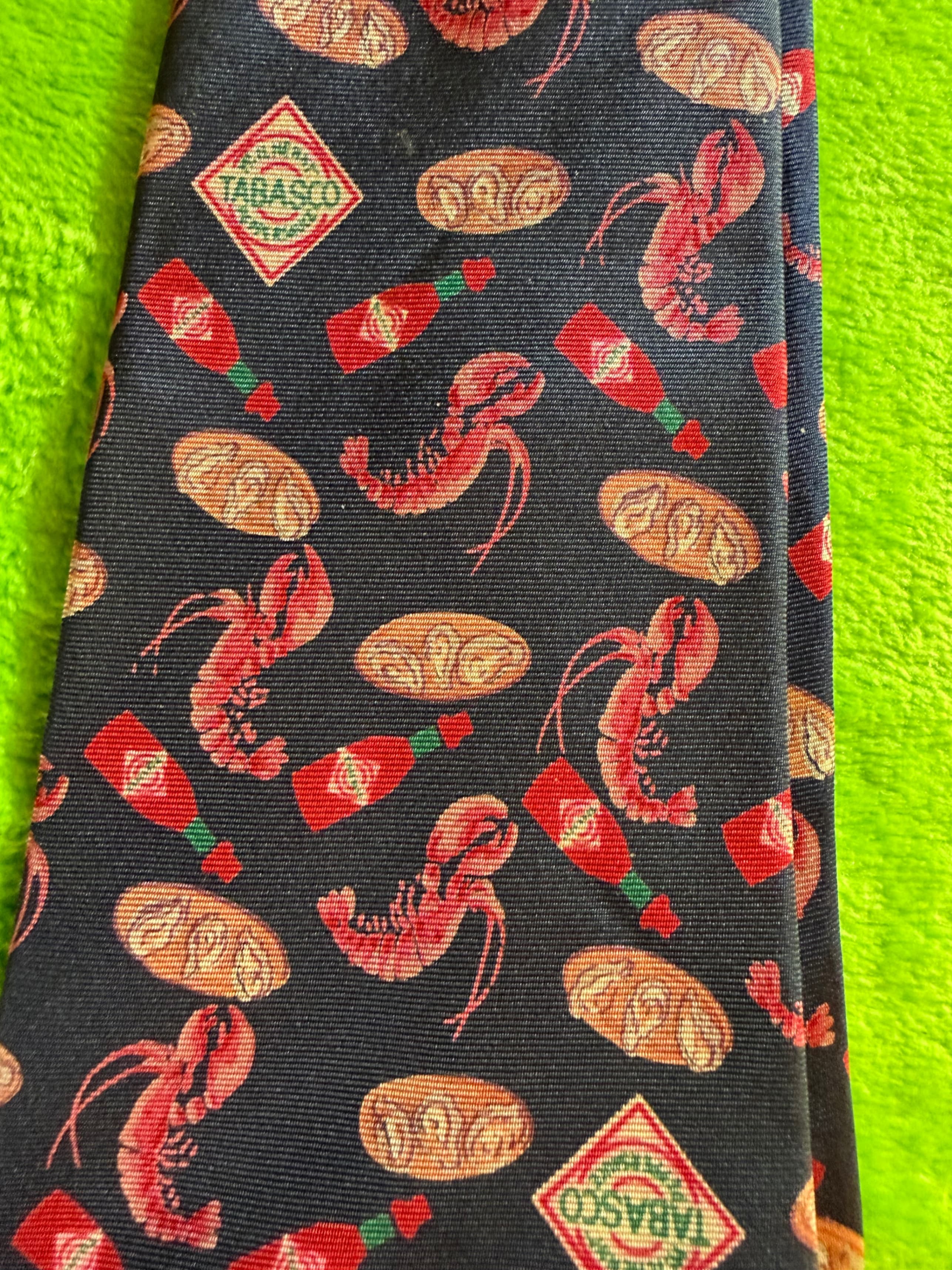 Vtg Tabasco Brand Crawfish Hot Sauce Novelty Silk Necktie Navy USA - Thumbnail 3