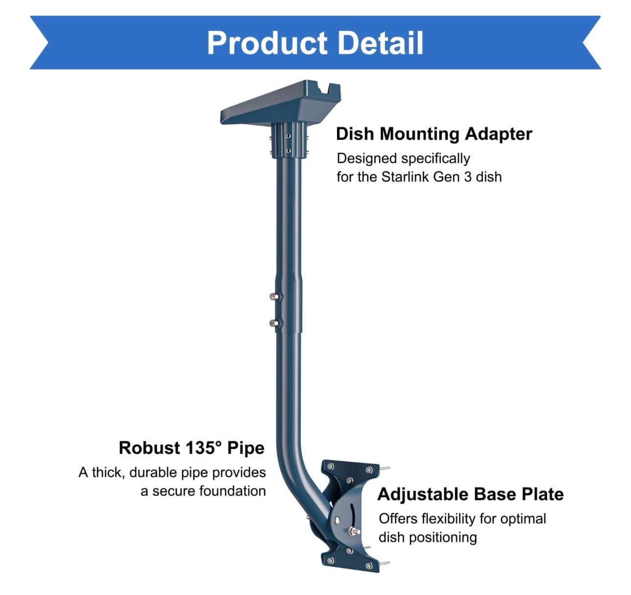 IZLTUV-Gen 3 Mount for Starlink, Heave Duty Adjustable 2-Way Wall Mounting Kit Compatible with V3 Starlink Standard Dish, Include Gen 3 Pipe Adapter - Thumbnail 6