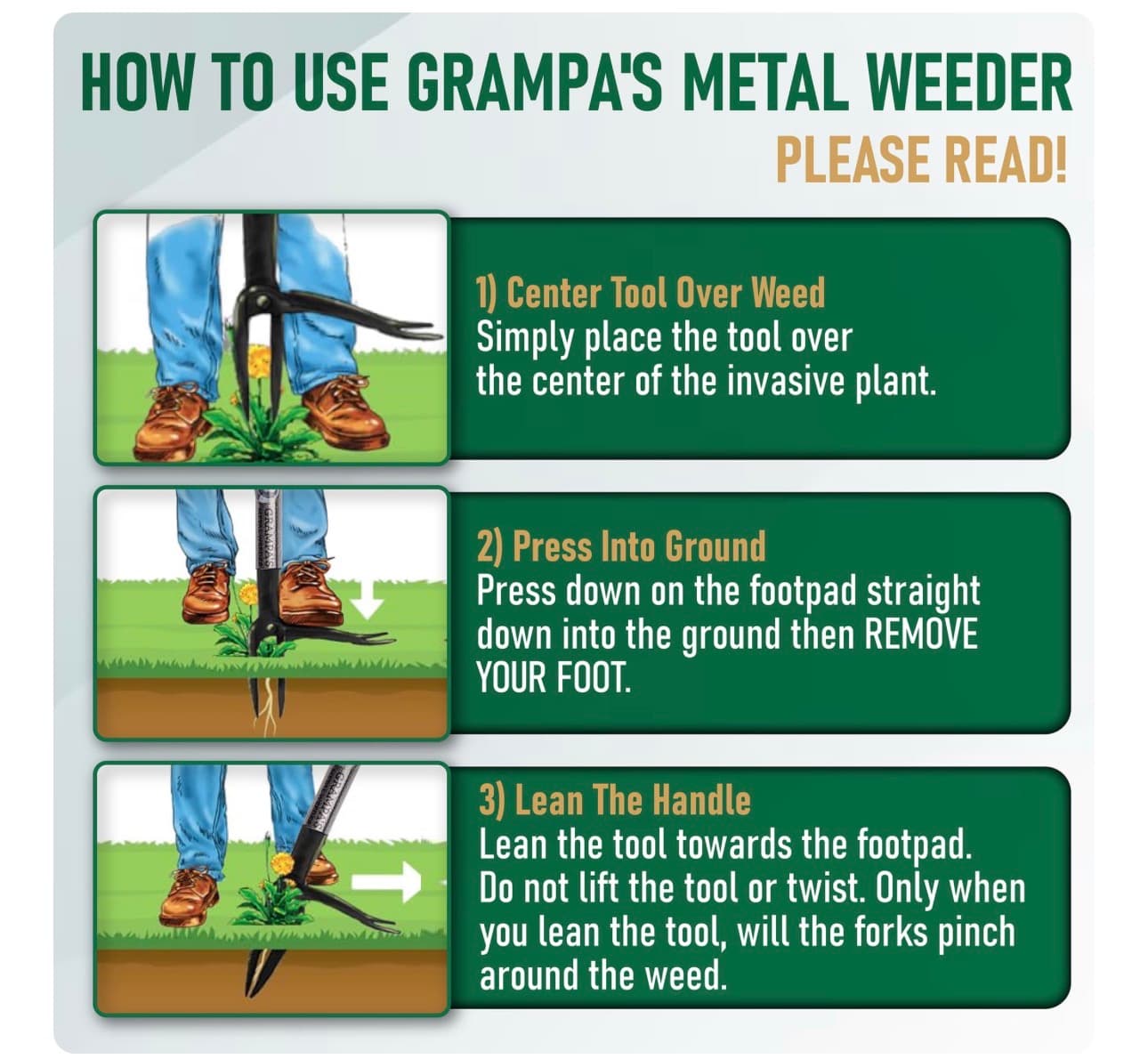 Grampa's Metal Weeder - Stand Up Weed Puller Tool with Steel Long Handle - Made with All Steel Handle & 4-Claw Steel Head - Easily Remove Weeds Without Bending, Pulling, or Kneeling (Black) - Thumbnail 6