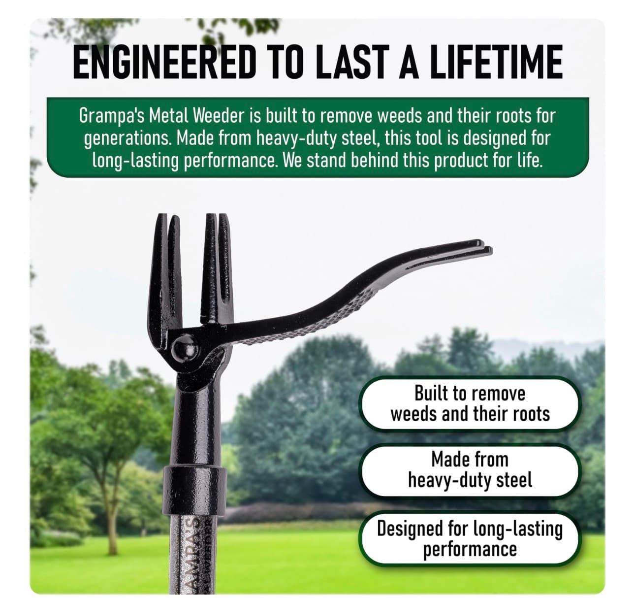 Grampa's Metal Weeder - Stand Up Weed Puller Tool with Steel Long Handle - Made with All Steel Handle & 4-Claw Steel Head - Easily Remove Weeds Without Bending, Pulling, or Kneeling (Black) - Thumbnail 5