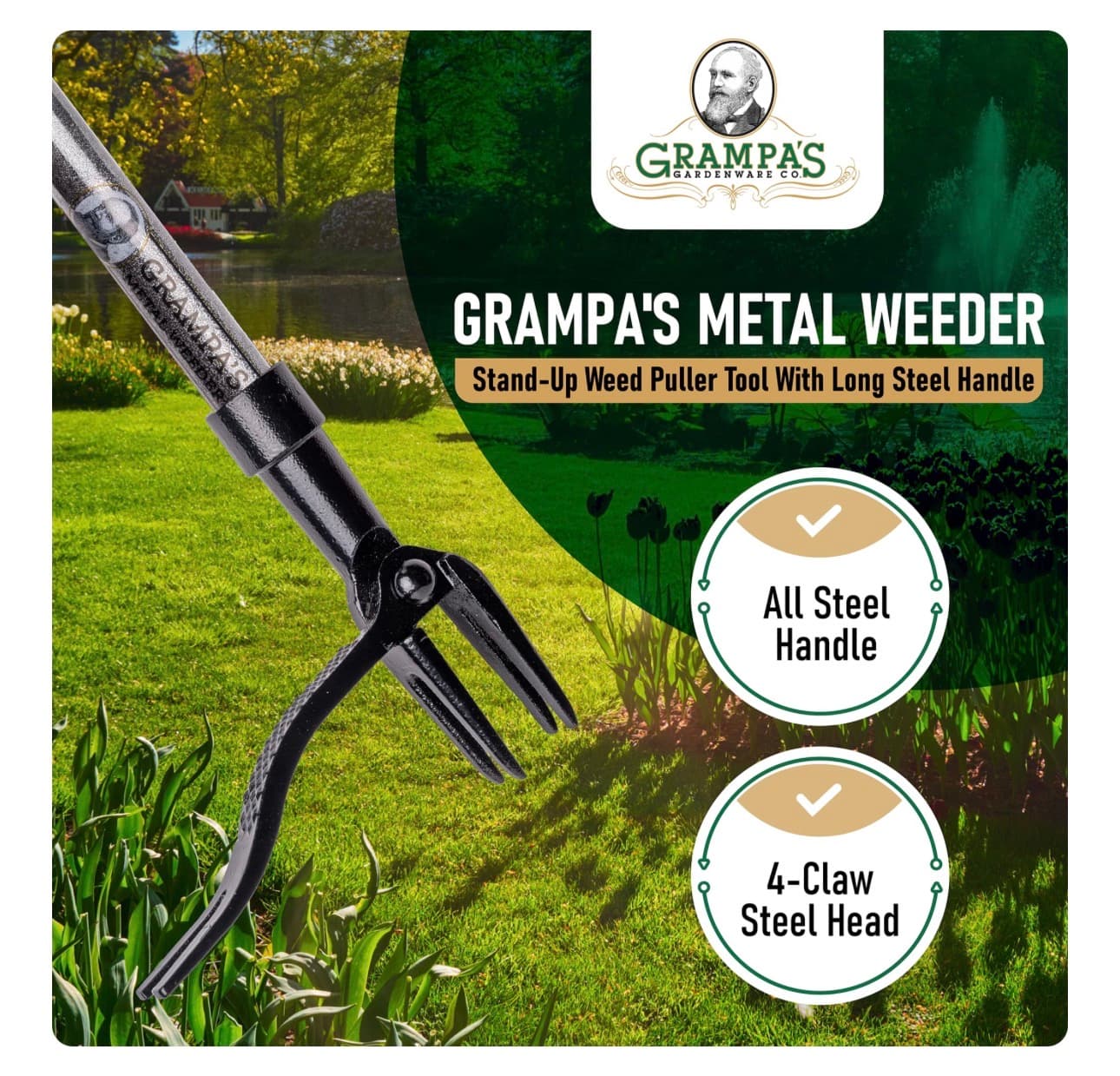 Grampa's Metal Weeder - Stand Up Weed Puller Tool with Steel Long Handle - Made with All Steel Handle & 4-Claw Steel Head - Easily Remove Weeds Without Bending, Pulling, or Kneeling (Black) - Thumbnail 3