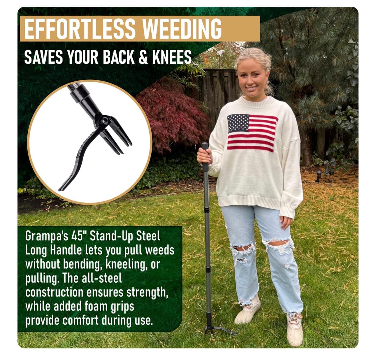 Grampa's Metal Weeder - Stand Up Weed Puller Tool with Steel Long Handle - Made with All Steel Handle & 4-Claw Steel Head - Easily Remove Weeds Without Bending, Pulling, or Kneeling (Black) - Thumbnail 4