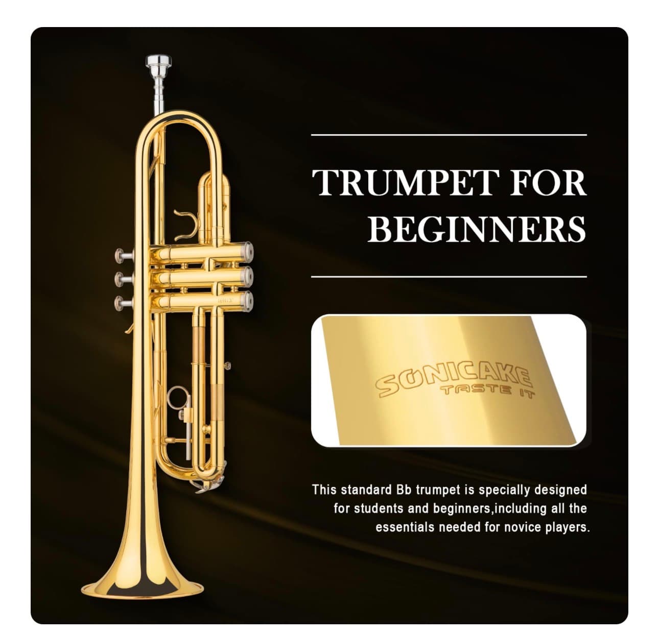 SONICAKE Bb Standard Trumpet, Student Trumpet Set for Beginner, Brass Trumpet Instrument with Hard Case, Cleaning Kit, 7C Mouthpiece and Gloves, Ideal Gift for School Band Orchestra, QTP-01, Golden - Thumbnail 3