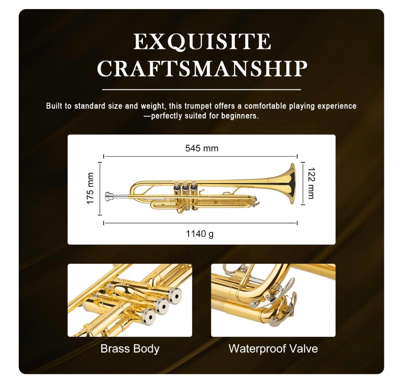 SONICAKE Bb Standard Trumpet, Student Trumpet Set for Beginner, Brass Trumpet Instrument with Hard Case, Cleaning Kit, 7C Mouthpiece and Gloves, Ideal Gift for School Band Orchestra, QTP-01, Golden - Thumbnail 5
