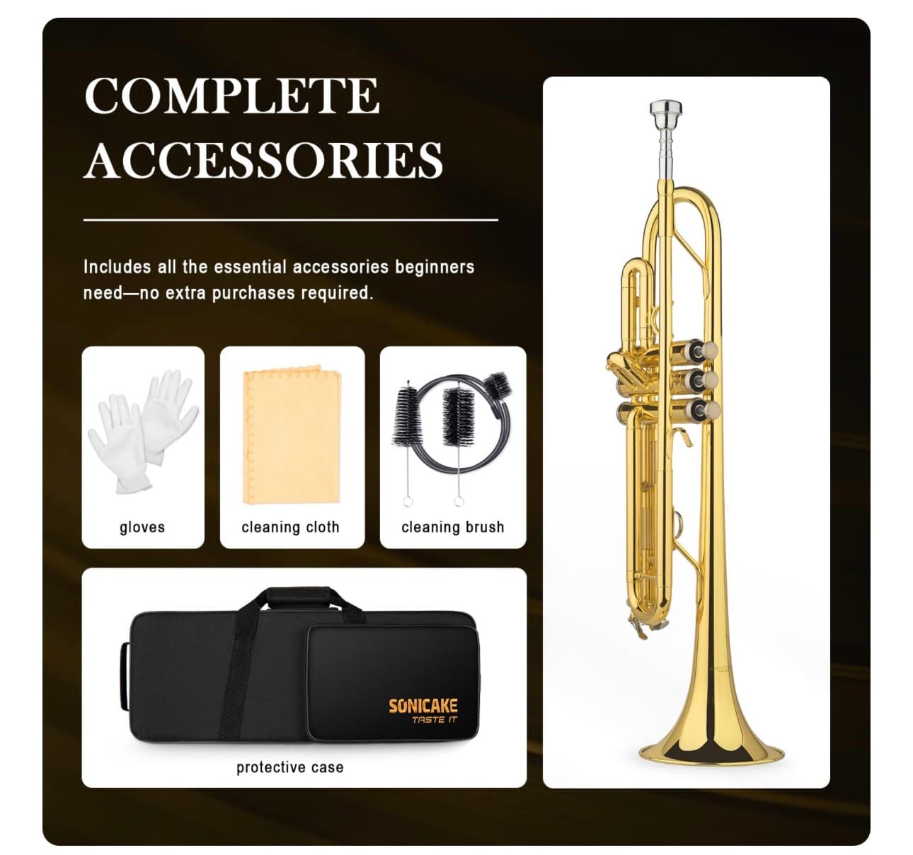 SONICAKE Bb Standard Trumpet, Student Trumpet Set for Beginner, Brass Trumpet Instrument with Hard Case, Cleaning Kit, 7C Mouthpiece and Gloves, Ideal Gift for School Band Orchestra, QTP-01, Golden - Thumbnail 7