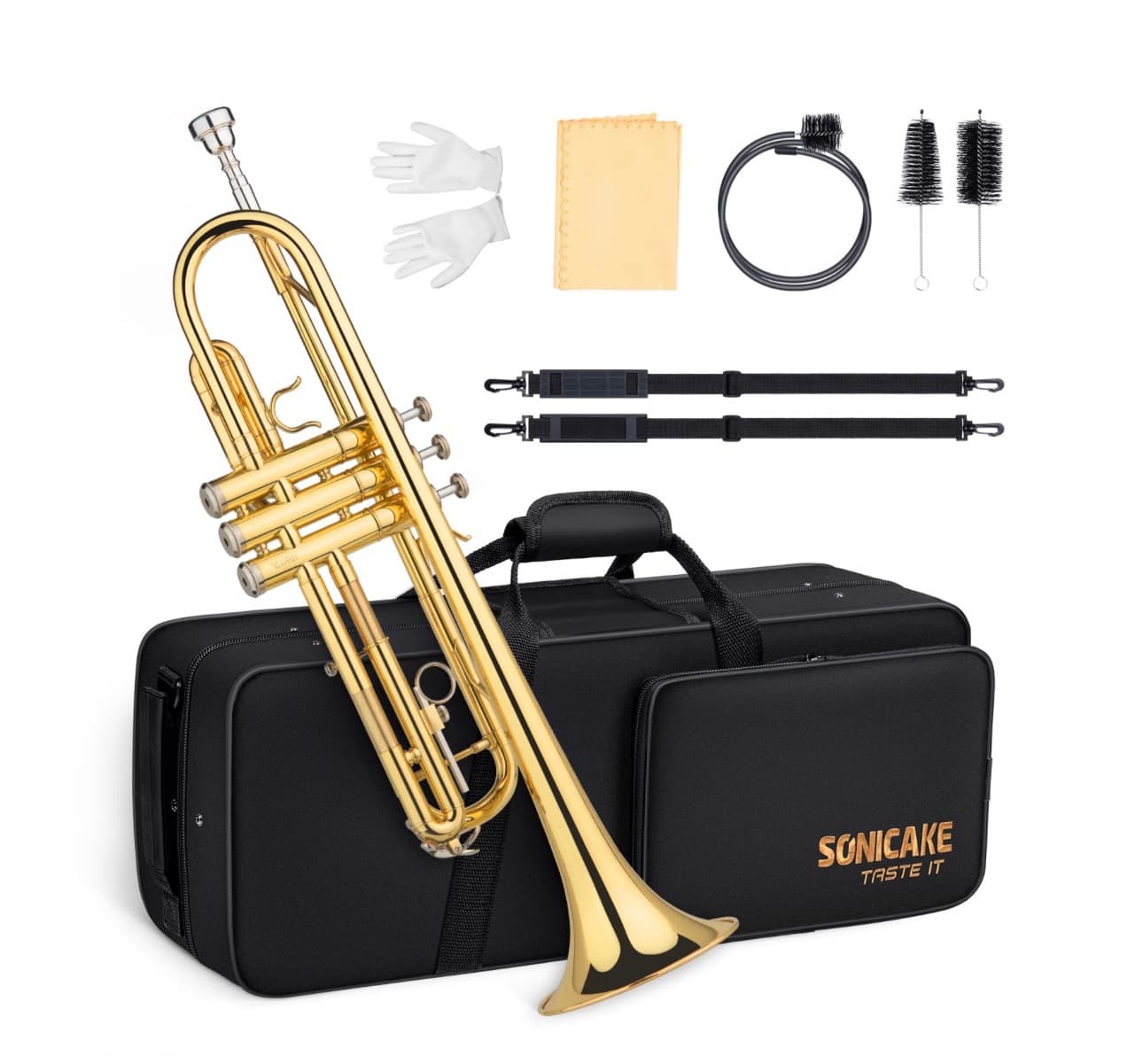 SONICAKE Bb Standard Trumpet, Student Trumpet Set for Beginner, Brass Trumpet Instrument with Hard Case, Cleaning Kit, 7C Mouthpiece and Gloves, Ideal Gift for School Band Orchestra, QTP-01, Golden