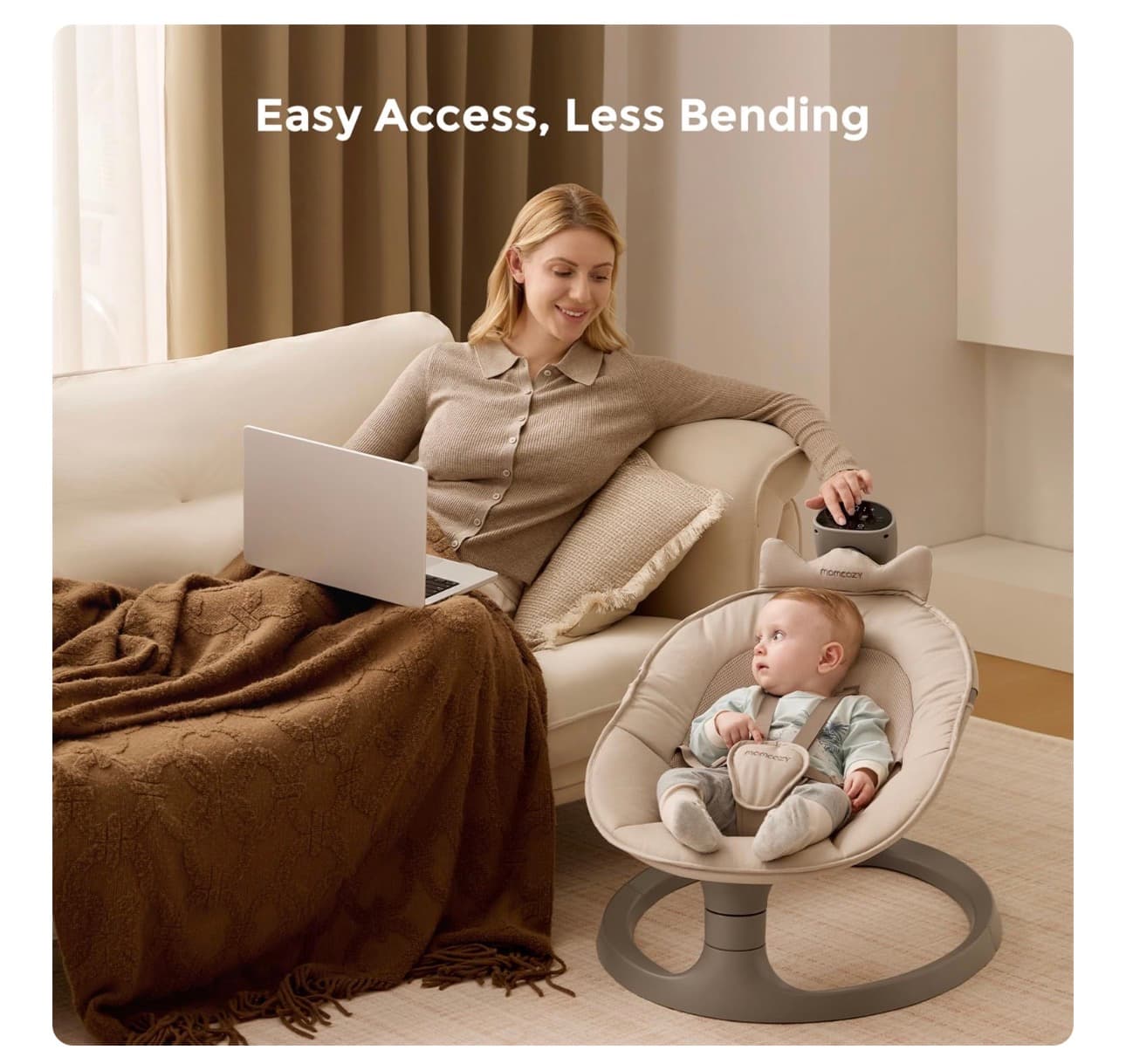 Momcozy 2-in-1 Electric Baby Swing, Dual-Arm Support System & Parent-Inspired Motions, Convertible to Toddler Seat up to 66 lbs, Adjustable Height, Lightweight, Khaki New in Box - Thumbnail 5