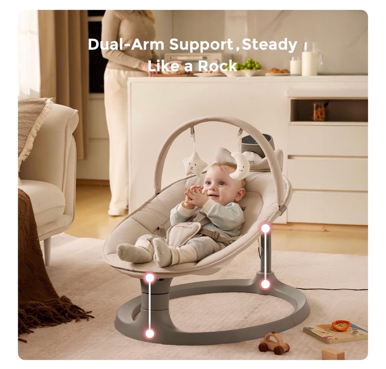 Momcozy 2-in-1 Electric Baby Swing, Dual-Arm Support System & Parent-Inspired Motions, Convertible to Toddler Seat up to 66 lbs, Adjustable Height, Lightweight, Khaki New in Box - Thumbnail 2
