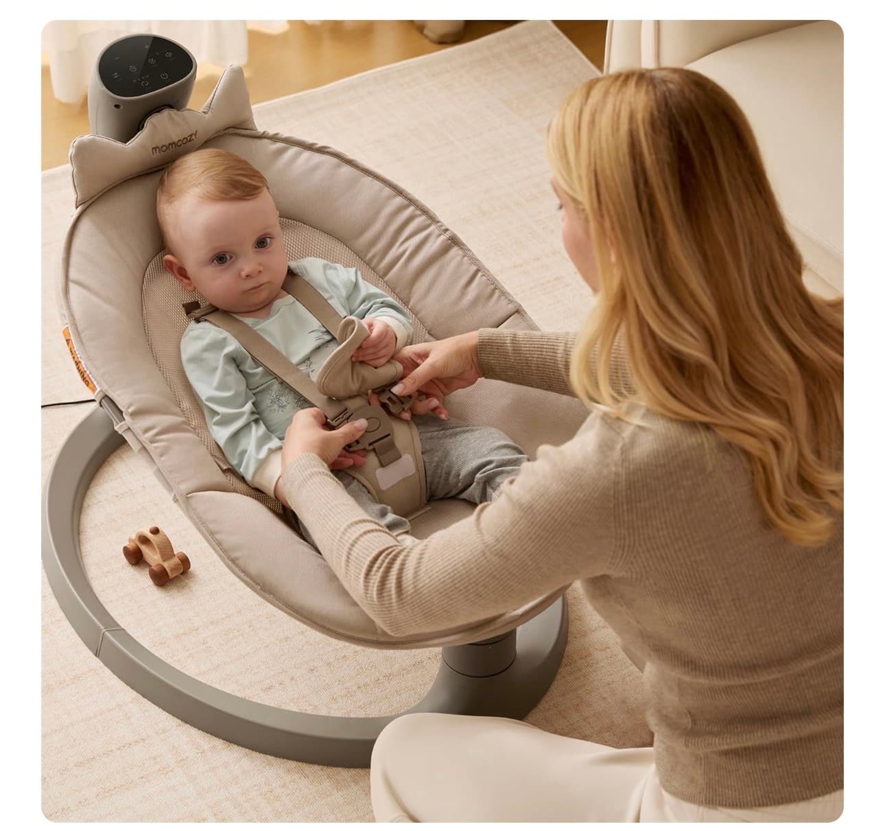 Momcozy 2-in-1 Electric Baby Swing, Dual-Arm Support System & Parent-Inspired Motions, Convertible to Toddler Seat up to 66 lbs, Adjustable Height, Lightweight, Khaki New in Box - Thumbnail 8