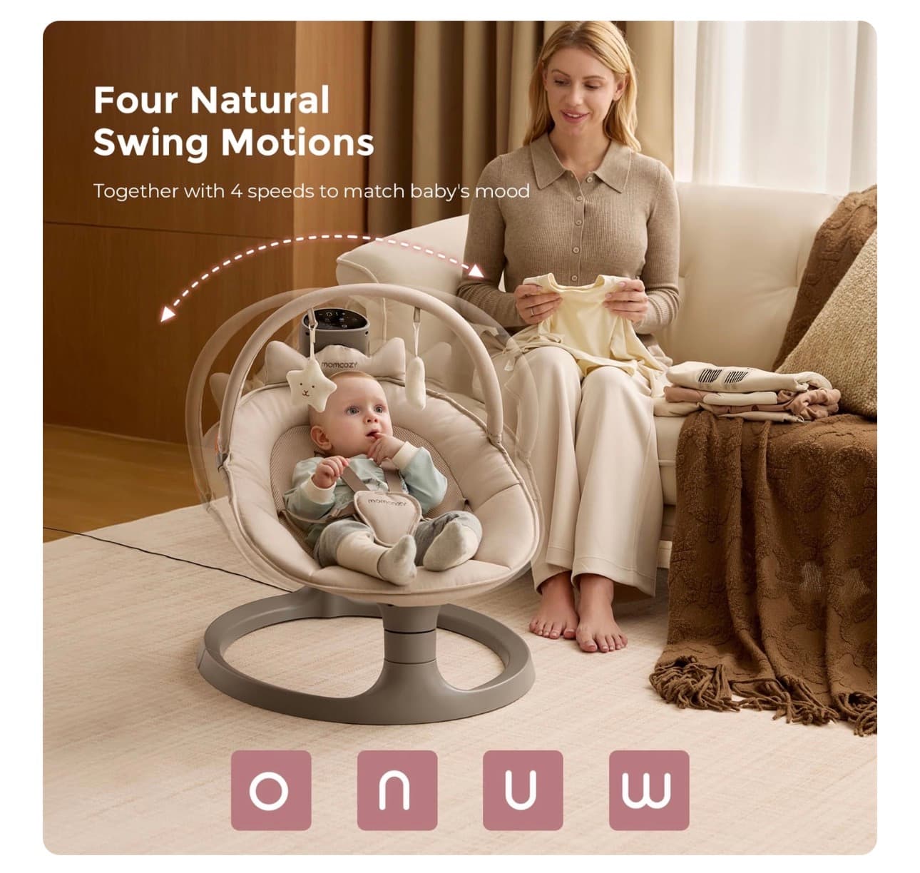 Momcozy 2-in-1 Electric Baby Swing, Dual-Arm Support System & Parent-Inspired Motions, Convertible to Toddler Seat up to 66 lbs, Adjustable Height, Lightweight, Khaki New in Box - Thumbnail 3