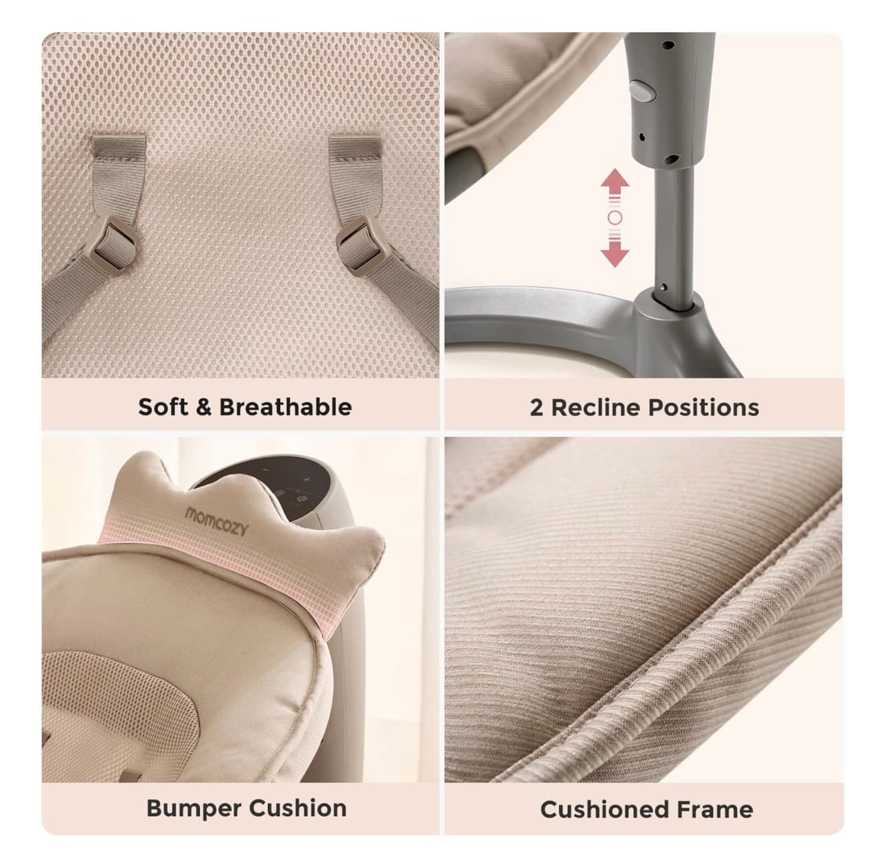 Momcozy 2-in-1 Electric Baby Swing, Dual-Arm Support System & Parent-Inspired Motions, Convertible to Toddler Seat up to 66 lbs, Adjustable Height, Lightweight, Khaki New in Box - Thumbnail 6