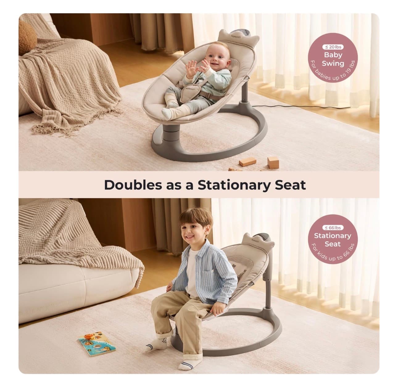 Momcozy 2-in-1 Electric Baby Swing, Dual-Arm Support System & Parent-Inspired Motions, Convertible to Toddler Seat up to 66 lbs, Adjustable Height, Lightweight, Khaki New in Box - Thumbnail 4