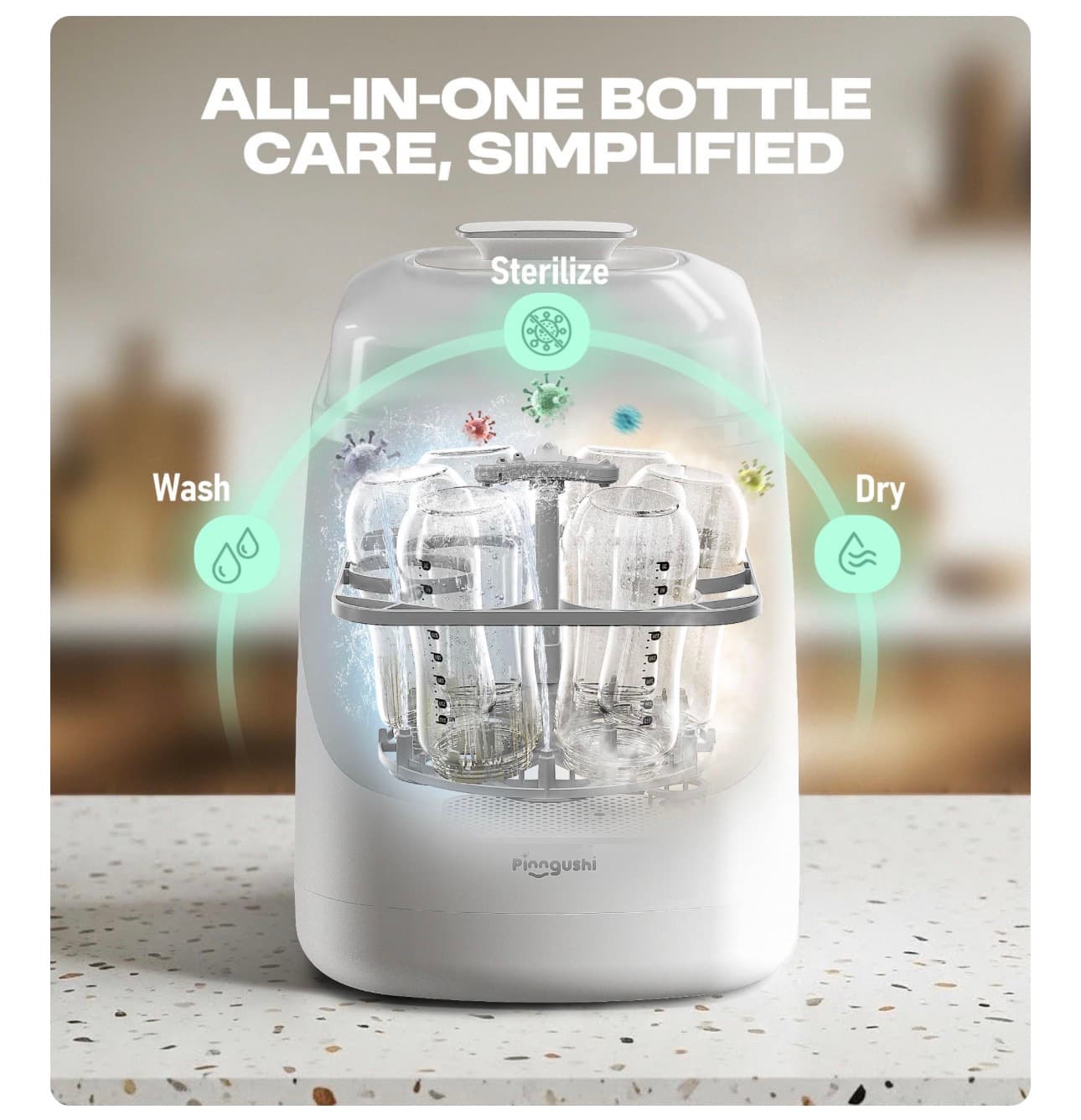 PINNGUSHI【Upgraded】Baby Bottle Washer Pro, Sterilizer, Dryer & Water-Filter, 5-in-One Cleaning Machine Fits 6 Bottles, Pump Parts & Baby Essential, No More Hand Washing for Busy Moms & Parents - Thumbnail 3