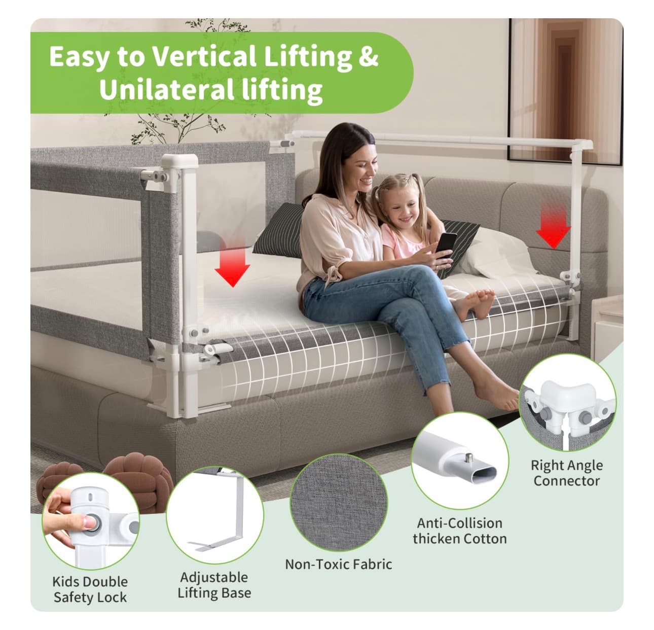 3-Piece Twin to King Size Bed Rail for Toddlers - Adjustable Baby Bed Rail Guard, Kids Safety Bed Rail for King Size Bed (78.7"x78.7"x74.8"-Grey) - Thumbnail 4