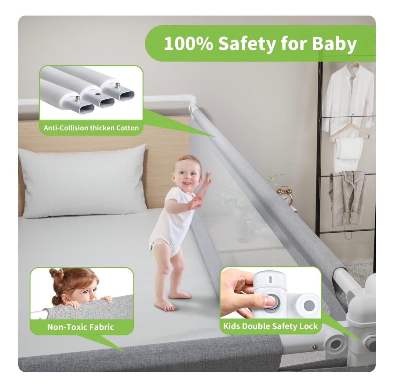 3-Piece Twin to King Size Bed Rail for Toddlers - Adjustable Baby Bed Rail Guard, Kids Safety Bed Rail for King Size Bed (78.7"x78.7"x74.8"-Grey) - Thumbnail 5