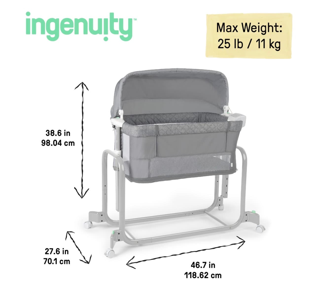 Ingenuity Dream Hero Starlight 3-in-1 Co-Sleeping Bassinet and Crib - Lume (Grey), Unisex, Newborn to 12 Months - Thumbnail 4