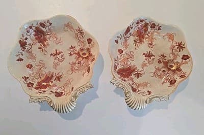 Derby Porcelain Nut Dishes c. 1810-1840 Red & Gold Flowers Set of 2