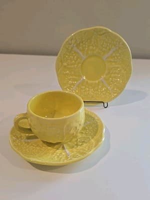 Vintage 1950's/60's SECLA Cabbage Yellow Ware Ceramic Cup & Saucers Portugal 3pc