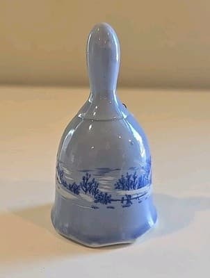 Vtg Currier and Ives Blue Porcelain Bell The Old Homestead in Winter Small - Thumbnail 2