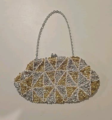 Vintage White Gold Sequins Eagle Brand Purse Evening Clutch