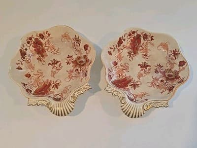 Derby Porcelain Nut Dishes c. 1810-1840 Red & Gold Flowers Set of 2 - Thumbnail 2