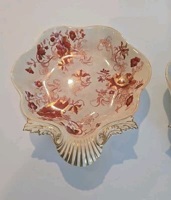 Derby Porcelain Nut Dishes c. 1810-1840 Red & Gold Flowers Set of 2 - Thumbnail 3