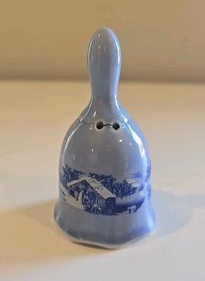 Vtg Currier and Ives Blue Porcelain Bell The Old Homestead in Winter Small - Thumbnail 3