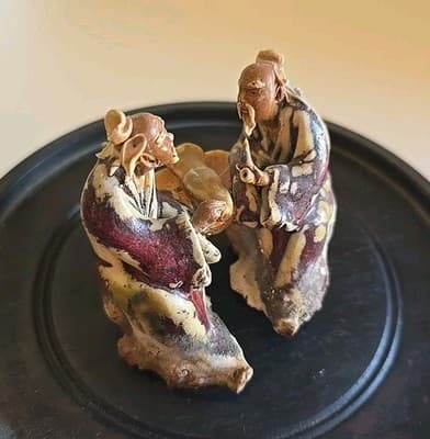 Antique Vintage Two Asian Chinese Mudmen Figurine - Thumbnail 3