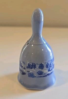 Vtg Currier and Ives Blue Porcelain Bell The Old Homestead in Winter Small - Thumbnail 4