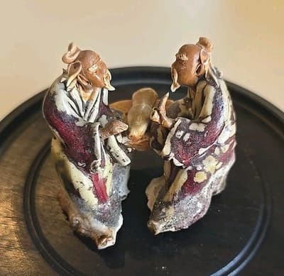 Antique Vintage Two Asian Chinese Mudmen Figurine