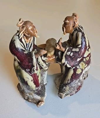 Antique Vintage Two Asian Chinese Mudmen Figurine - Thumbnail 9
