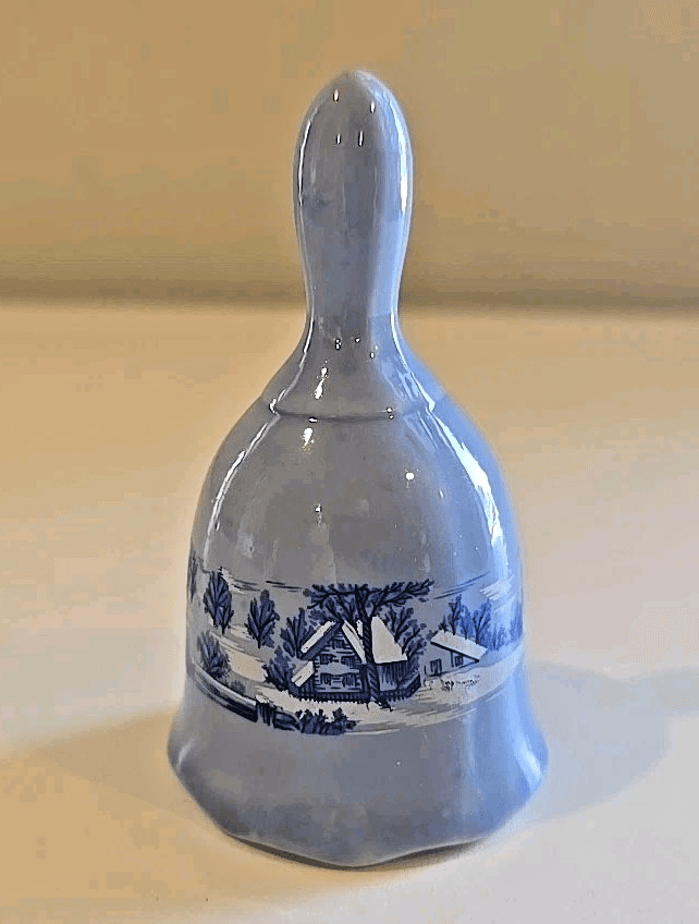 Vtg Currier and Ives Blue Porcelain Bell The Old Homestead in Winter Small