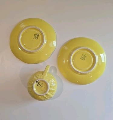 Vintage 1950's/60's SECLA Cabbage Yellow Ware Ceramic Cup & Saucers Portugal 3pc - Thumbnail 3