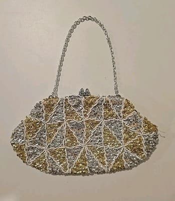 Vintage White Gold Sequins Eagle Brand Purse Evening Clutch - Thumbnail 4