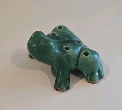Vintage Antique Flower Frog Green & Brown Art Pottery Decor Patina - Thumbnail 3