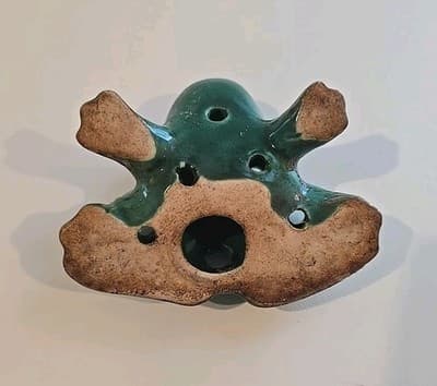 Vintage Antique Flower Frog Green & Brown Art Pottery Decor Patina - Thumbnail 9